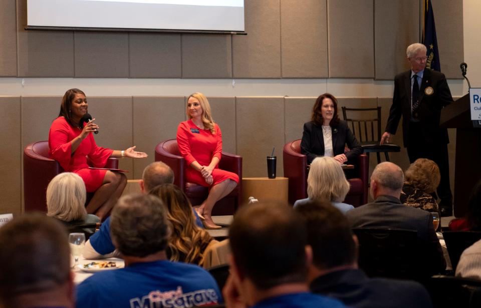 Evansville mayoral Democratic candidate Stephanie Terry, left, and Republican candidates Natalie Rascher, center, and  Cheryl Musgrave, right, address questions during a Rotary Club of Evansville Mayoral Candidate Forum held at the Ballys Evansville Conference Center in Downtown Evansville, Ind., Tuesday, March 28, 2023.