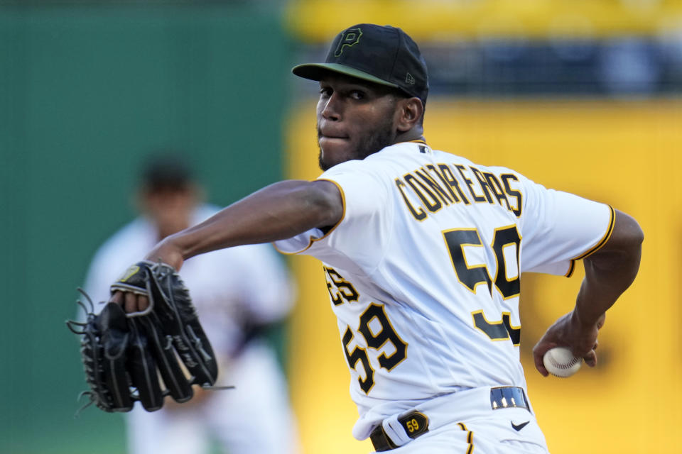 Pittsburgh Pirates starting pitcher Roansy Contreras delivers during the first inning of a baseball game against the Houston Astros in Pittsburgh, Monday, April 10, 2023. (AP Photo/Gene J. Puskar)