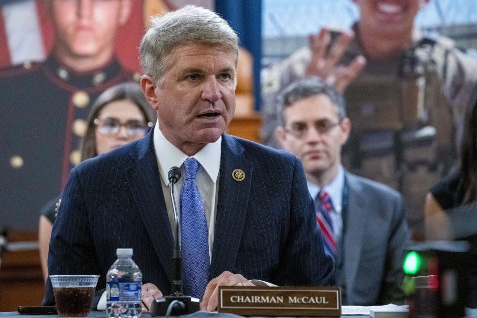 FILE - Foreign Affairs Committee Chairman Michael McCaul, R-Texas, speaks during a discussion about the terrorist attack at Hamid Karzai International Airport's Abbey Gate during a House Foreign Affairs Committee roundtable, on Capitol Hill, Tuesday, Aug. 29, 2023, in Washington. McCaul said on CNN's “State of the Union” on Sunday, Sept. 10, that Alabama Sen. Tommy Tuberville “is paralyzing the Department of Defense,” as Tuberville wages an unprecedented attempt to change Pentagon abortion policy by holding up hundreds of military nominations and promotions. (AP Photo/Alex Brandon, File)