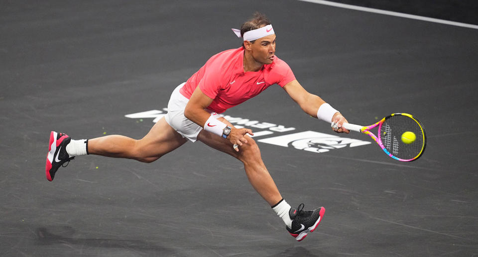 Seen here, Rafa Nadal playing in a Las Vegas exhibition match against Carlos Alcaraz. 