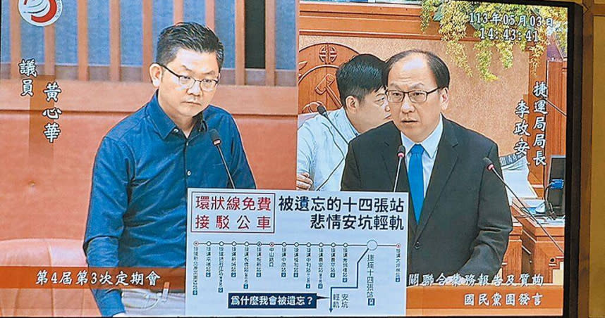 新北市議員黃心華（左）3日在議會質詢，要求重新規畫環狀線部分路段停駛後的相關運輸作業。（圖／中國時報柯毓庭攝）