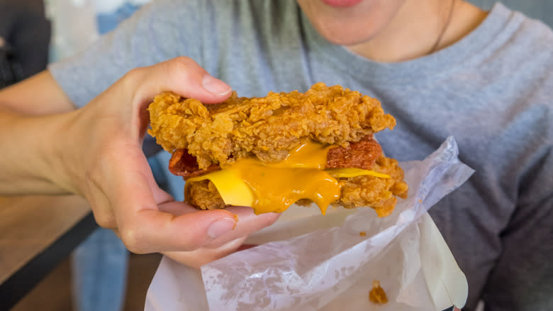 person holding a KFC Double Down