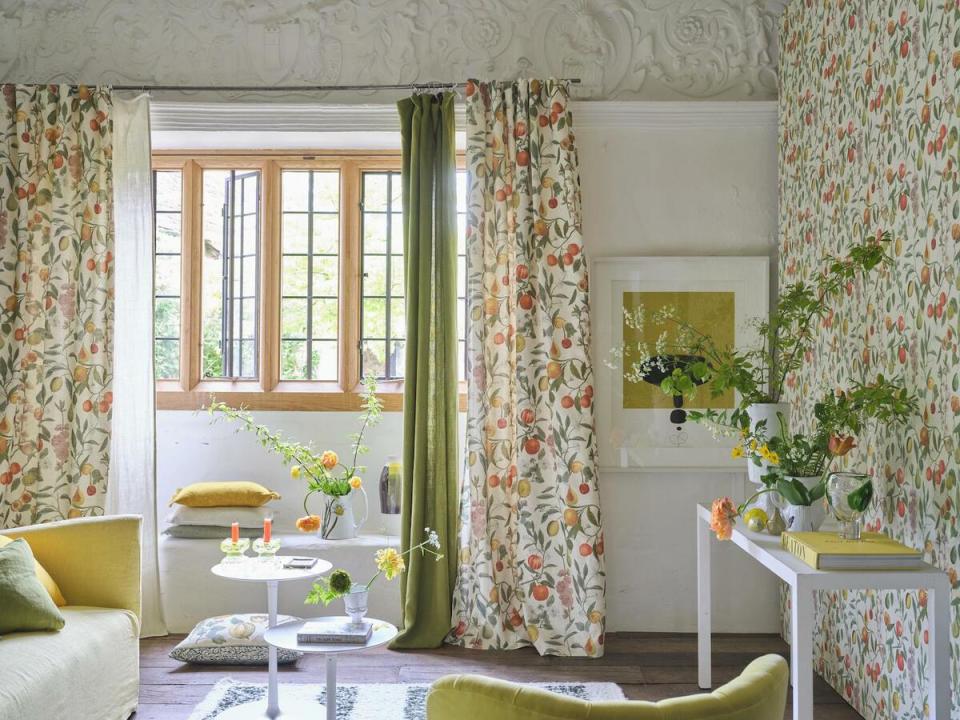 Orchard Fruits wallpaper and window fabric in Parchment by John Derian for Designers Guild