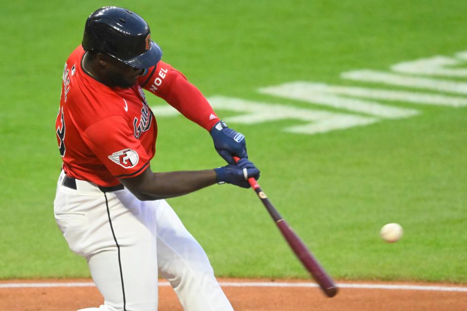 Aug 24, 2024; Cleveland, Ohio, USA; Cleveland Guardians right fielder Jhonkensy Noel (43) hits a two-run home run in the third inning against the Texas Rangers at Progressive Field. Mandatory Credit: David Richard-USA TODAY Sports