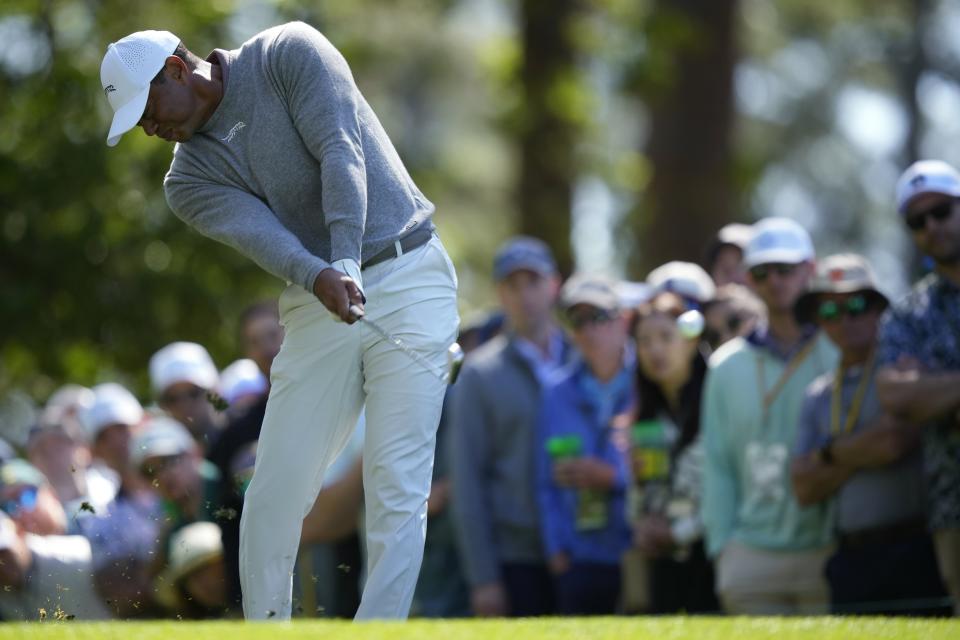 Tiger Woods hits his tee shot on the fourth hole during second round at the Masters golf tournament at Augusta National Golf Club Friday, April 12, 2024, in Augusta, Ga. (AP Photo/Matt Slocum)