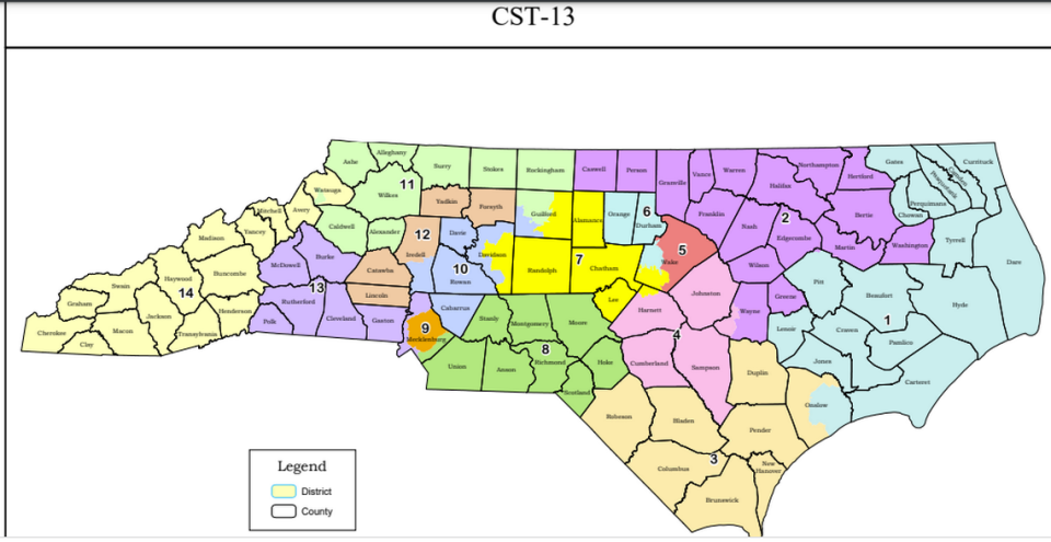 The 2021 redistricting map for North Carolina’s 14 US House seats, as drawn and adopted by the N.C. General Assembly on Nov. 4, 2021.