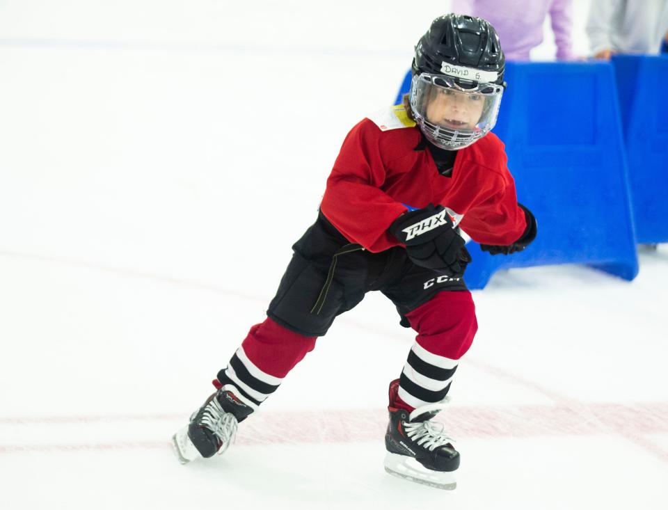 David Gabinsky, 6, practices skating during the Hertz Arena Recreational Rink’s free skate on Friday, July 1, 2022 in Estero, Fla.