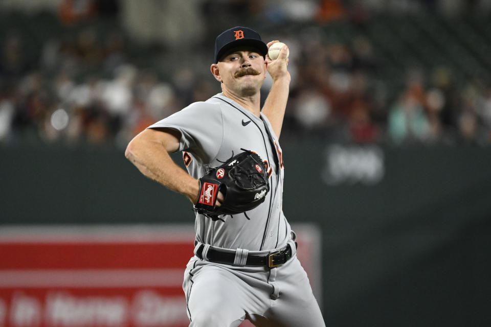 Detroit Tigers relief pitcher Tyler Alexander throws during the seventh inning of the team's baseball game against the Baltimore Orioles, Saturday, April 22, 2023, in Baltimore. (AP Photo/Terrance Williams)