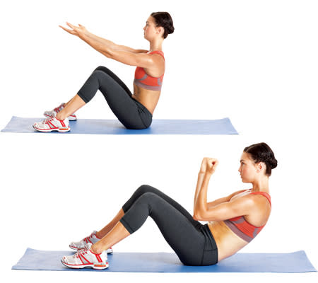 Sit with your knees bent and feet flat on the floor about hip-width apart. Extend your arms straight in front of you, palms up. Your back should be straight, your chest up. Brace your core, curl your tailbone under, and slowly lower your upper body to a 45-degree angle. At the same time, bend your arms to bring your elbows close to your body, closing your hands into fists and pulling them towards your shoulders at eye level. Pause, then reverse the motion to return to start. That’s one rep.