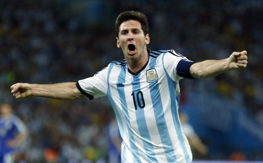 Argentina&amp;#39;s Lionel Messi celebrates after scoring his goal against Bosnia-Herzegovina. (Reuters)