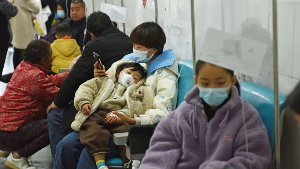 Sick children, accompanied by their parents, receive infusion treatment at the People's Hospital in Fuyang, China, on November 28, 2023. - Costfoto/NurPhoto/Getty Images