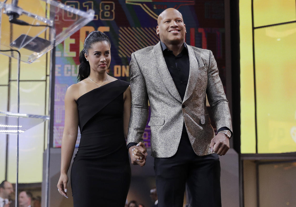 Ryan Shazier, right, walked onto the stage at the NFL draft. (AP)