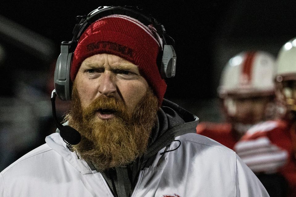 Smyrna head coach Mike Judy reacts at the Smyrna vs. Cape Henlopen game during the first round of the DIAA Class 3A football playoffs at Smyrna High School, Friday, Nov. 18, 2022. Smyrna won 50-0.