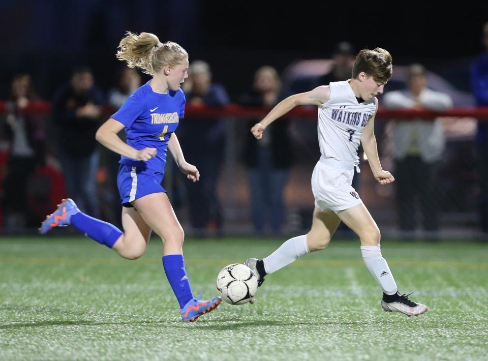 Watkins Glen's Ava Kelly, right, runs up the field during the Lake Hawks' 1-0 win over Trumansburg in the Section 4 Class C girls soccer final Oct. 27, 2023 at Chenango Valley.