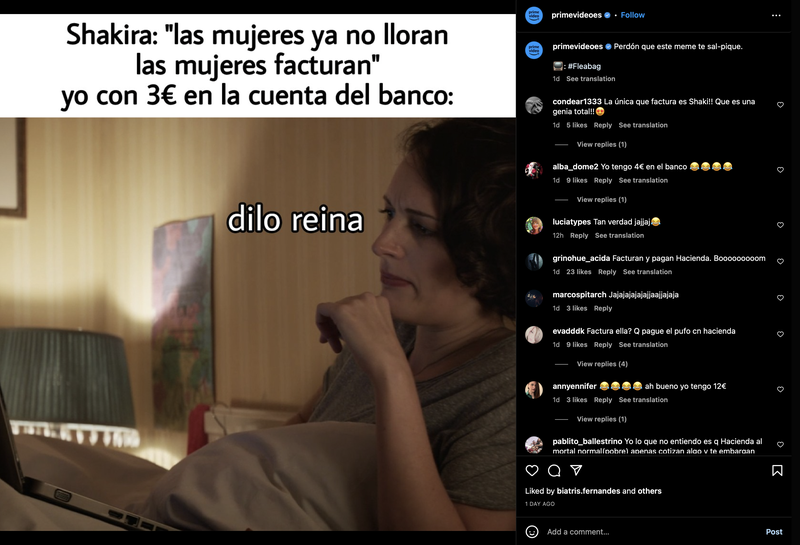 A screenshot of a meme with a Shakira quote shared by Amazon Prime Spain.