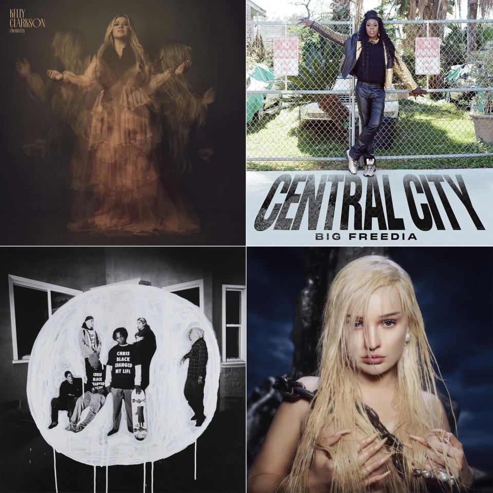 This combination of album covers shows, clockwise from top left, “Chemistry" by Kelly Clarkson, “Central City” by Big Freedia, “Feed the Beast" by Kim Petras and “Chris Black Changed My Life,” by Portugal. (Atlantic Records/Warner Music Group/Republic Records-Amigo Records/Atlantic Records via AP)