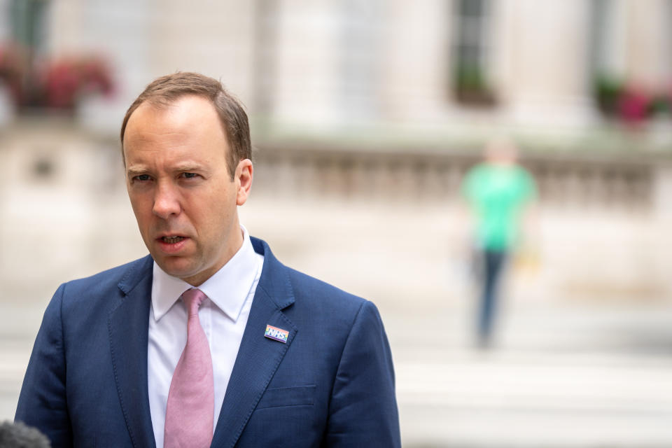 LONDON, UNITED KINGDOM - JULY 5, 2020: Health Secretary Matt Hancock at the BBC before appearing on the Andrew Marr Show. London, Great Britain, 05 Jul 2020 David Nash / Barcroft Media- PHOTOGRAPH BY David Nash / Barcroft Studios / Future Publishing (Photo credit should read David Nash/Barcroft Media via Getty Images)