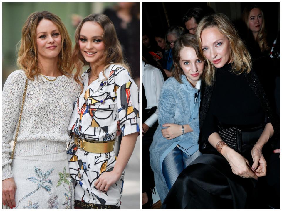 Vanessa Paradis and Lily-Rose Depp smile on the red carpet; Maya Hawke and Uma Thurman smile together.