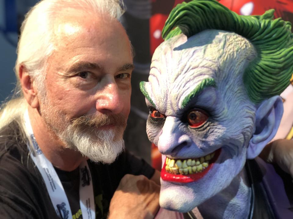 Baker models with his version of the Joker. (Photo: Ethan Alter)