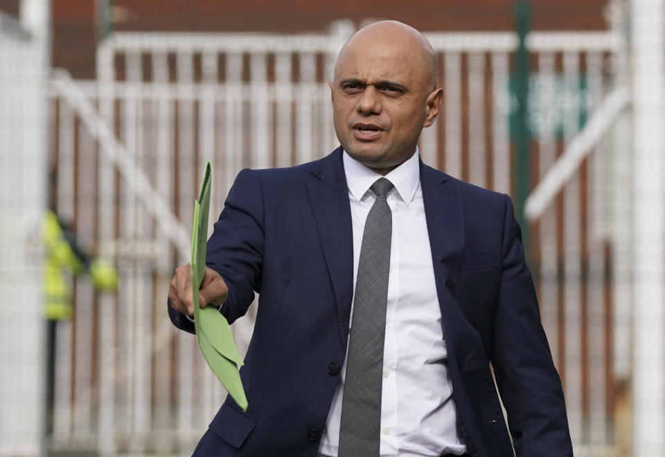 Britain's Health Secretary Sajid Javid arrives for a regional cabinet meeting at Rolls Royce in Bristol, southewest England, on October 15, 2021. (Photo by Steve Parsons / POOL / AFP) (Photo by STEVE PARSONS/POOL/AFP via Getty Images)