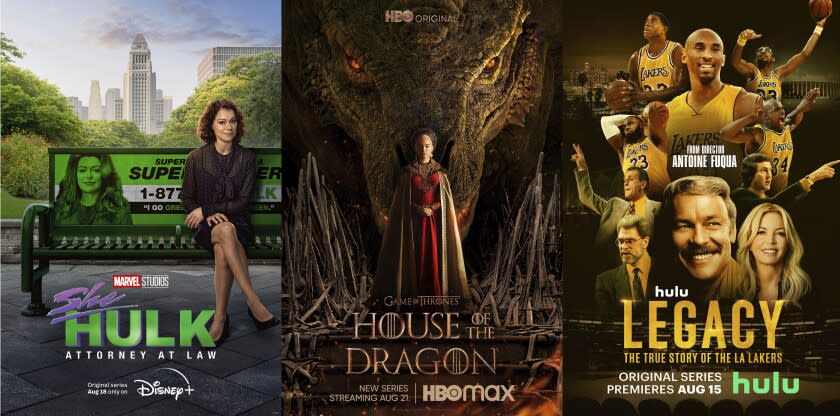 En esta combinación de fotos, el arte promocional de "She-Hulk: Attorney at Law", que se estrena el 18 de agosto en Disney+; "House of the Dragon", que debuta el 21 de agosto en HBO Max, y "Legacy: The True Story of the LA Lakers", una serie documental que llega el lunes 15 de agosto a Hulu. (Disney+/HBO Max/Hulu vía AP)