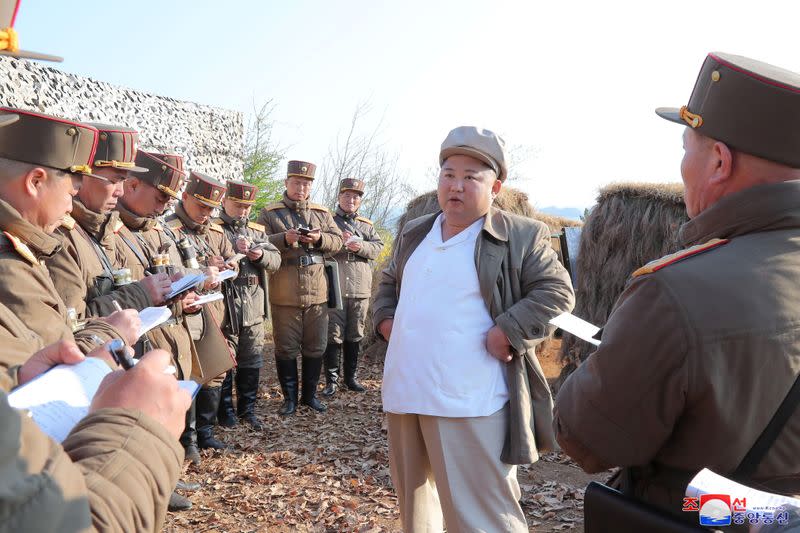 North Korean leader Kim Jong Un guides a drill of mortar sub-units of North Korean Army