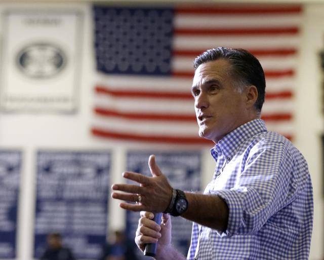 This Oct. 30, 2012, file photo shows then-Republican presidential candidate, former Massachusetts Gov. Mitt Romney speaking in Kettering, Ohio.  (Charles Dharapak/AP Photo)