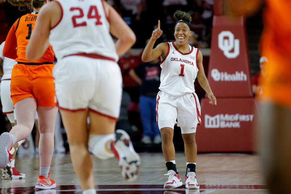 Oklahoma's Nevaeh Tot (1) celebrates after an Oklahoma basket during a women's Bedlam basketball game between the University of Oklahoma Sooners (OU) and the Oklahoma State University Cowgirls (OSU) at Lloyd Noble Center in Norman, Okla., Wednesday, Jan. 26, 2022. Oklahoma won 84-58.