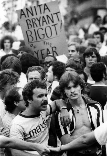 PHOTO: Gay rights activists protest Anita Bryant's anti-gay campaign during her participation in the Southern Baptist Convention in Atlanta, June 1978. (Calvin Cruce/Atlanta Journal-Constitution via AP)