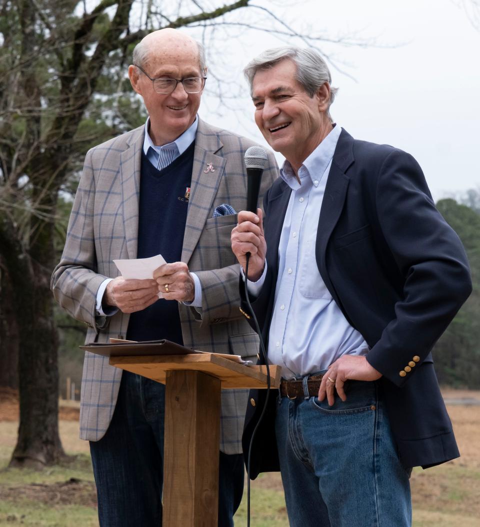 Jan 30, 2023; Tuscaloosa, AL, USA;  Chairman of the Board Weldon Cole and Founder and CEO Dr. John Waits speak during the dedication of the Freedom Farm, a place that will provide housing for foster families near Coker. 