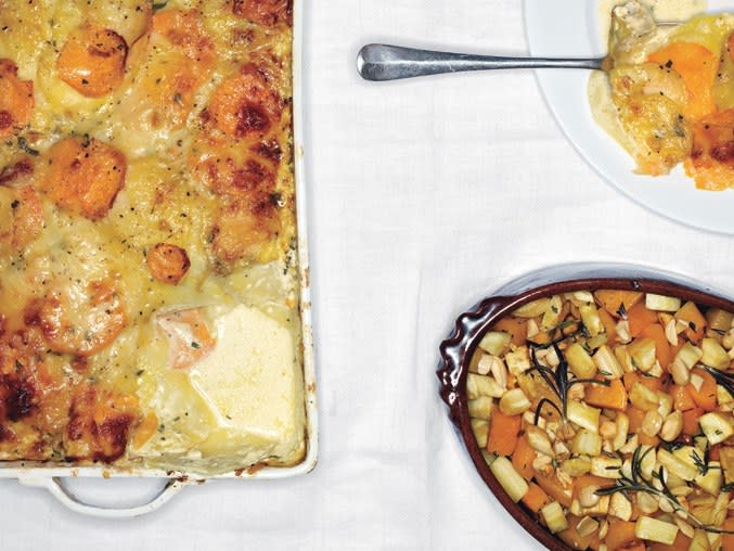 Scalloped Yukon Gold and Sweet Potato Gratin with Fresh Herbs