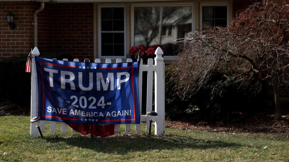 PHOTO: A sign for Republican presidential candidate former President Donald Trump is displayed in a yard on primary election day on Feb. 27, 2024 in Dearborn, Mich. (Kevin Dietsch/Getty Images)