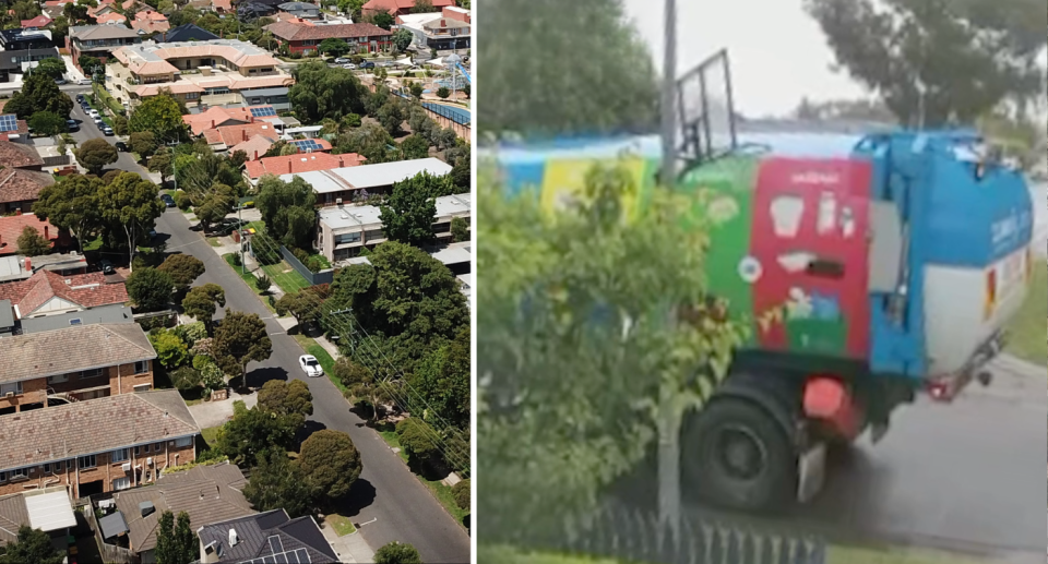 Let image an aerial view of a Melbourne suburban street with nature strip. Right image a screenshot from the footage that shows the council garbage truck 'ramming' into the basketball hoop. 