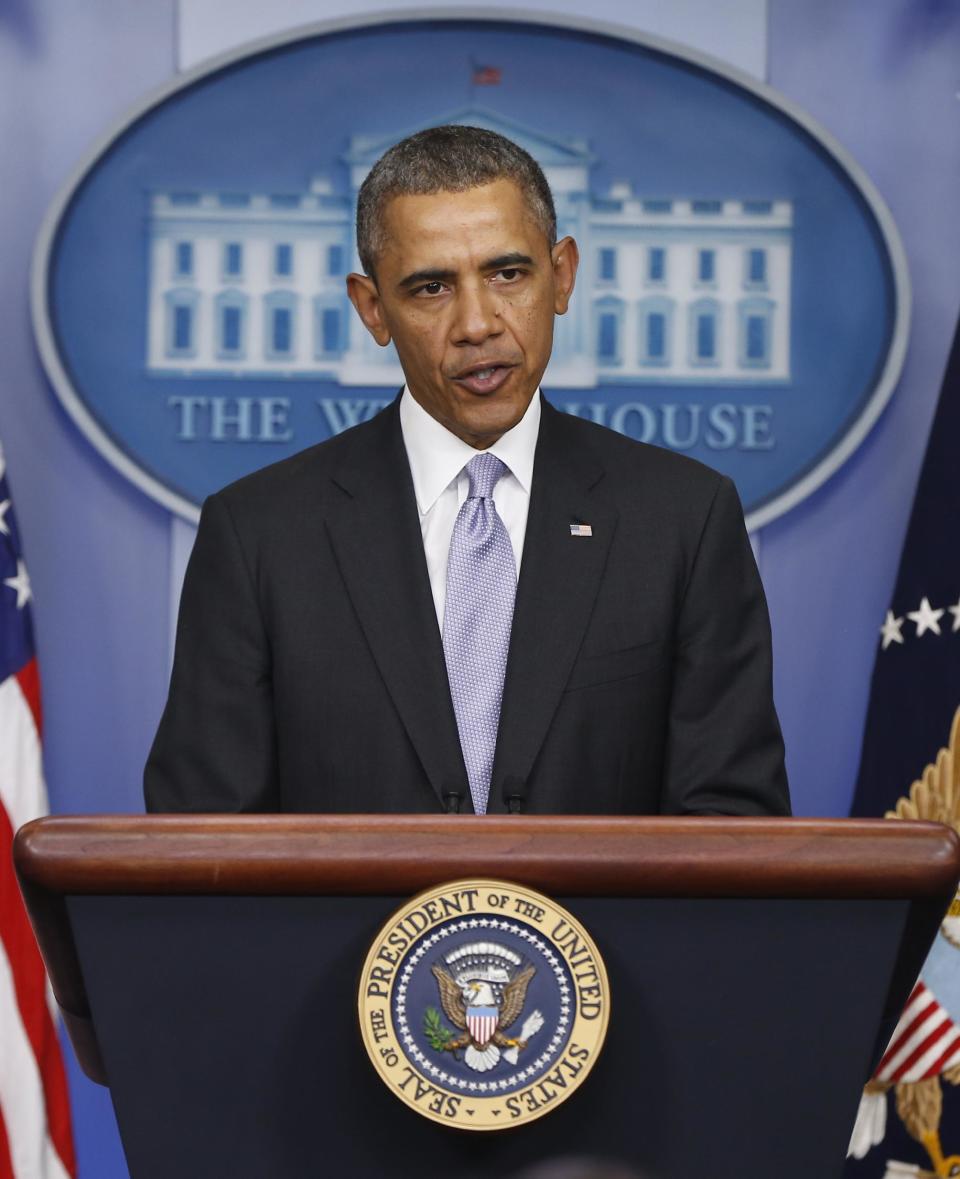 President Barack Obama speaks about Ukraine in the James Brady Press Briefing Room at the White House in Washington, Friday, Feb. 28, 2014. Obama's statement comes as his administration is expressing growing concern over Russian intentions in Ukraine. Secretary of State John Kerry delivered a blunt warning Friday to Moscow against military moves in the country's southern Crimea region that could further inflame tensions. (AP Photo/Charles Dharapak)