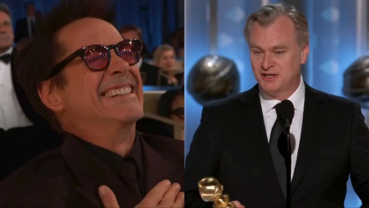  Robert Downey Jr. and Christopher Nolan at 2024 Golden Globes for Oppenheimer. 