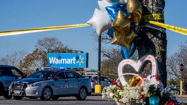 PHOTO: A memorial is seen at the site of a fatal shooting in a Walmart, Nov. 23, 2022 in Chesapeake, Virginia. (Nathan Howard/Getty Images)