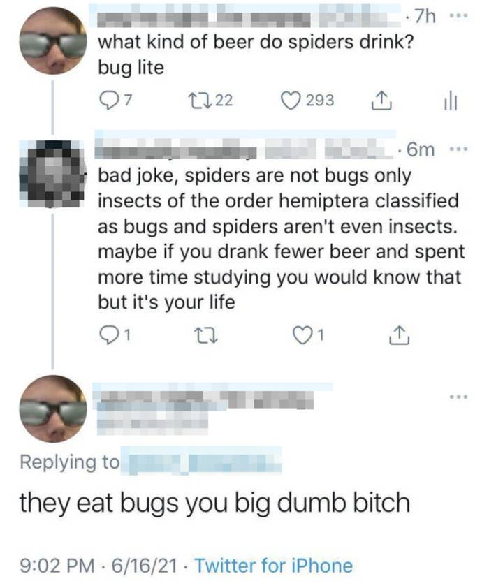 Three tweets in a thread discussing if spiders drink beer; the last tweet contains strong language