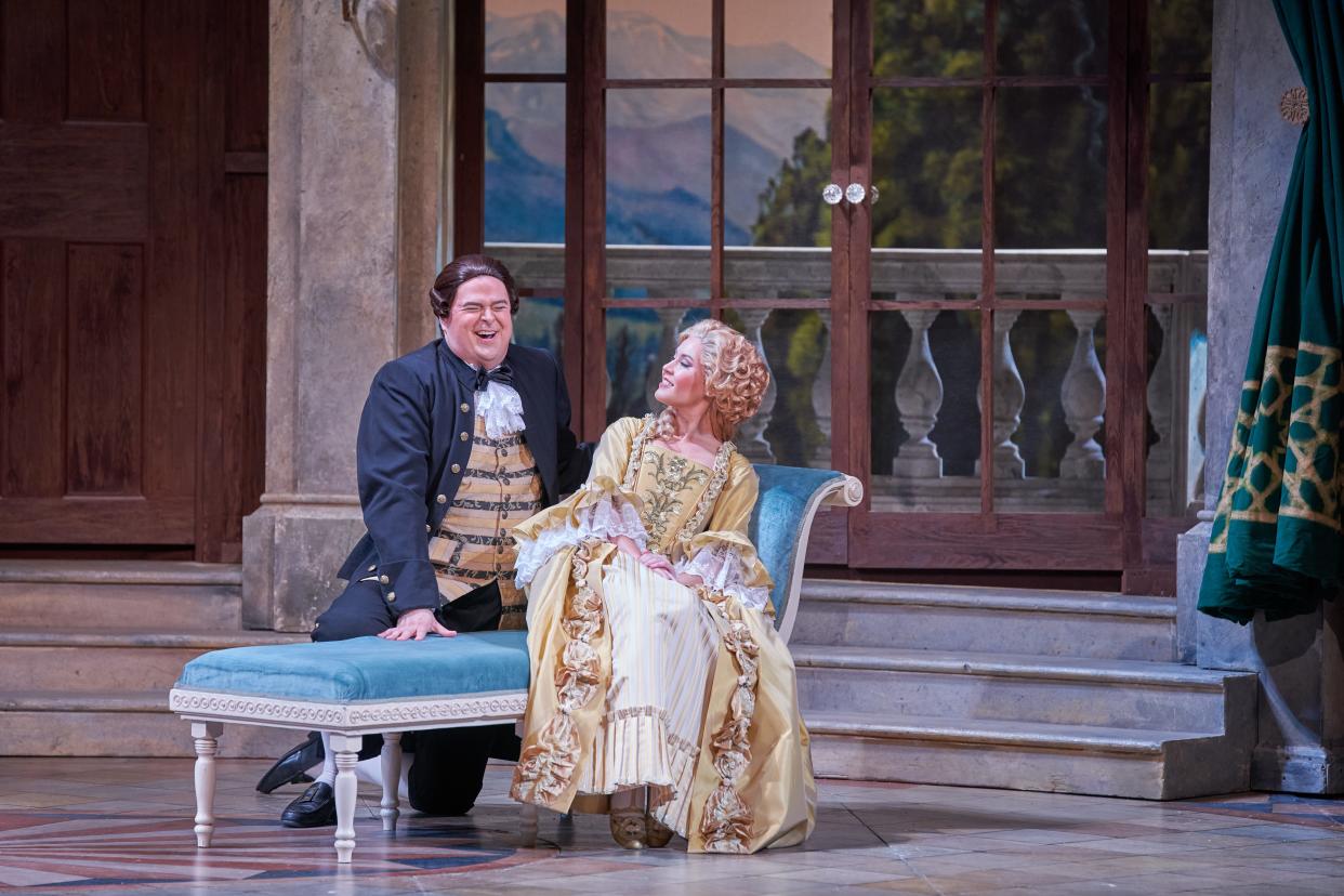 Sean Anderson and Hanna Brammer in a scene from the 2021 Sarasota Opera production of “The Silken Ladder.” Both singers will return for the 2022-23 season.