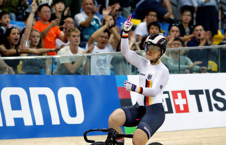 Cycling - UCI Track World Championships - Women's Sprint, Final - Hong Kong, China - 14/4/17 - Germany's Kristina Vogel celebrates after winning gold. REUTERS/Bobby Yip