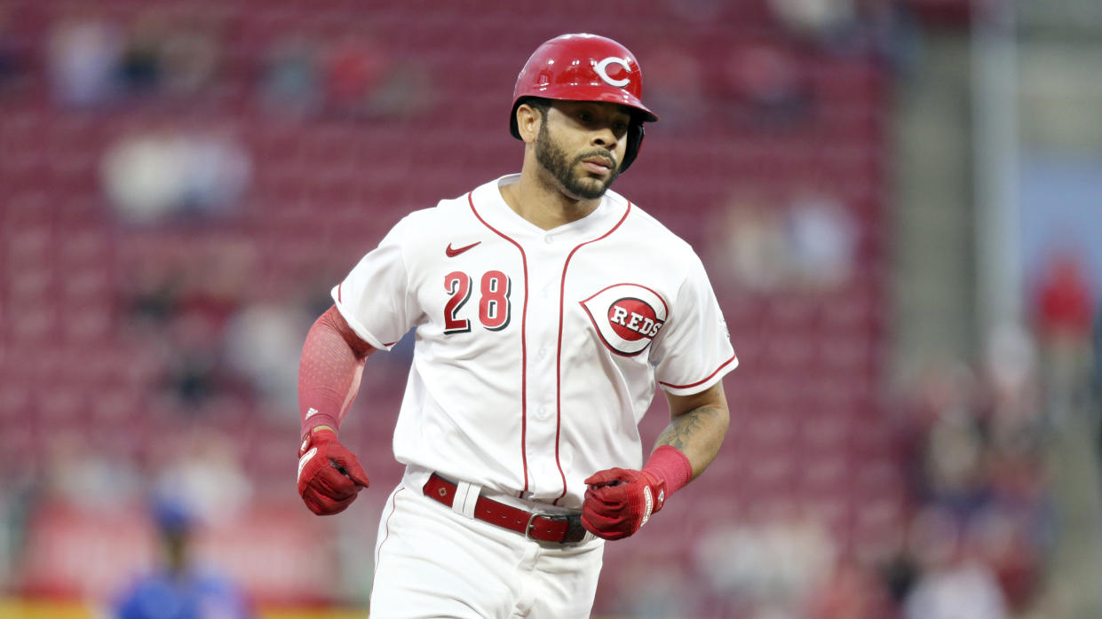 Cincinnati Reds' Tommy Pham runs the bases during a baseball game against the Chicago Cubs in Cincinnati, Monday, May 23, 2022. (AP Photo/Paul Vernon)
