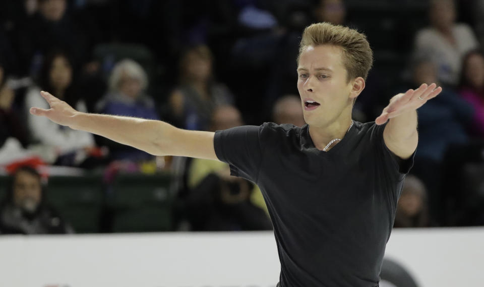 Michal Brezina, of the Czech Republic, performs during the men's short program at Skate America, Friday, Oct. 19, 2018, in Everett, Wash. (AP Photo/Ted S. Warren)