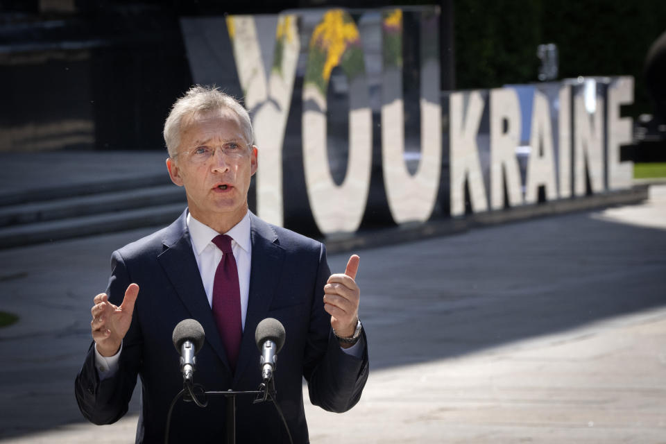 NATO Secretary General Jens Stoltenberg talks during his joint press conference with Ukrainian President Volodymyr Zelenskyy in Kyiv, Ukraine, Monday, April 29, 2024. (AP Photo/Efrem Lukatsky)