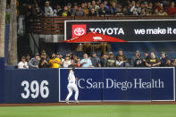 San Diego Padres center fielder Trent Grisham makes the catch to retire Milwaukee Brewers' Kolten Wong during the fifth inning of a baseball game Tuesday, May 24, 2022, in San Diego. (AP Photo/Mike McGinnis)