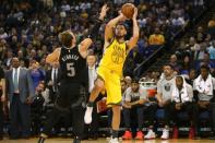 Mar 24, 2019; Oakland, CA, USA; Golden State Warriors guard Klay Thompson (11) shoots over Detroit Pistons guard Luke Kennard (5) in the fourth quarter at Oracle Arena. Mandatory Credit: Cary Edmondson-USA TODAY Sports