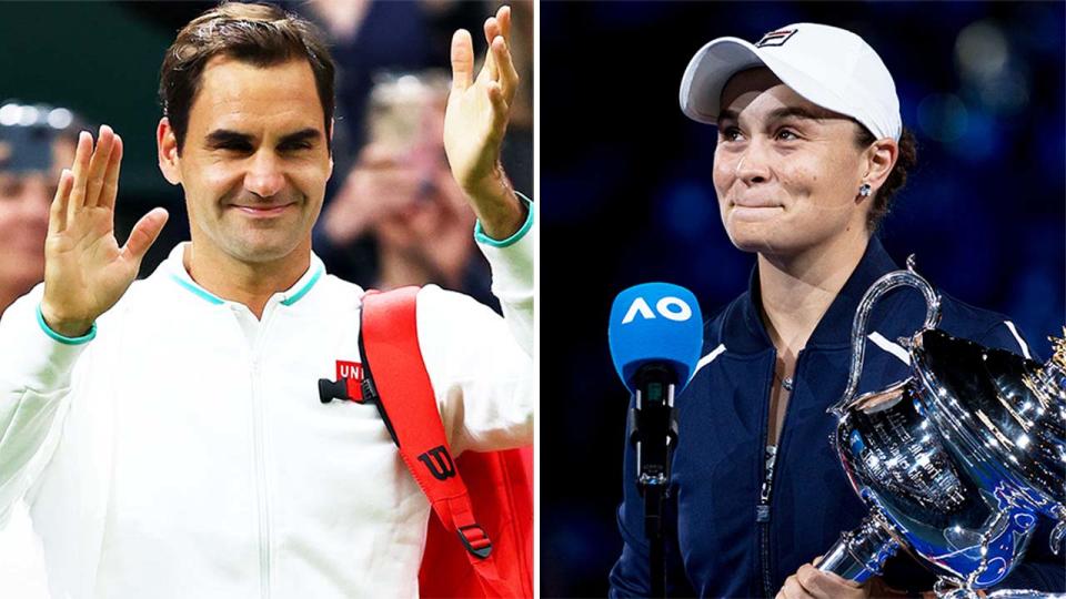 Ash Barty (pictured right) talking after winning the Australian Open and (pictured left) Roger Federer thanking the crowd.