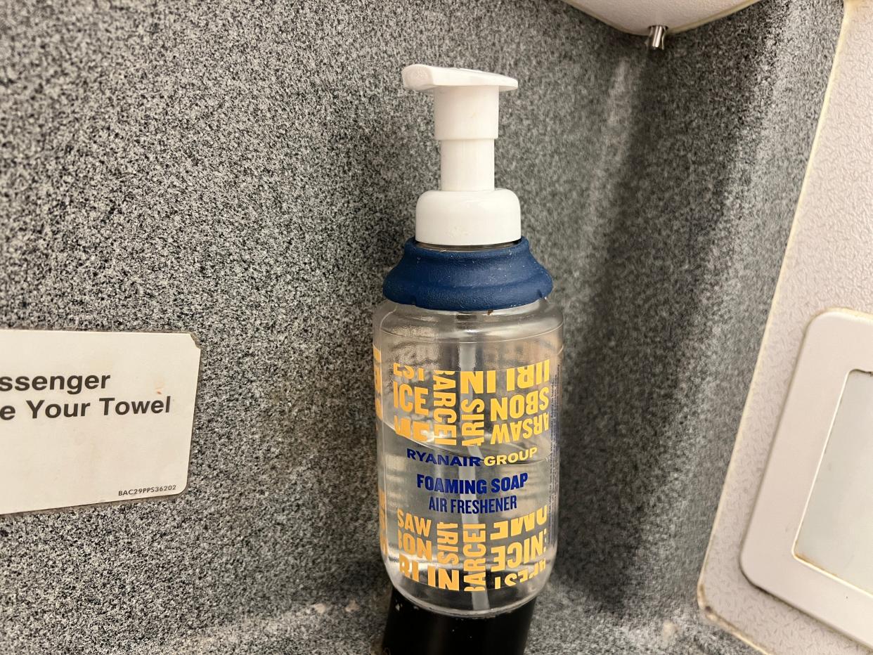 A bottle of Ryanair-branded soap