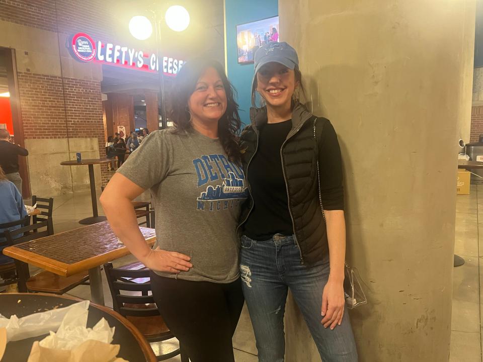 Trisha Matelski and Coreen Uhl are teachers at Washtenaw International High School in Ypsilanti. They’re at Ford Field for the Lions watch party thanks to tickets donated by a parent.
