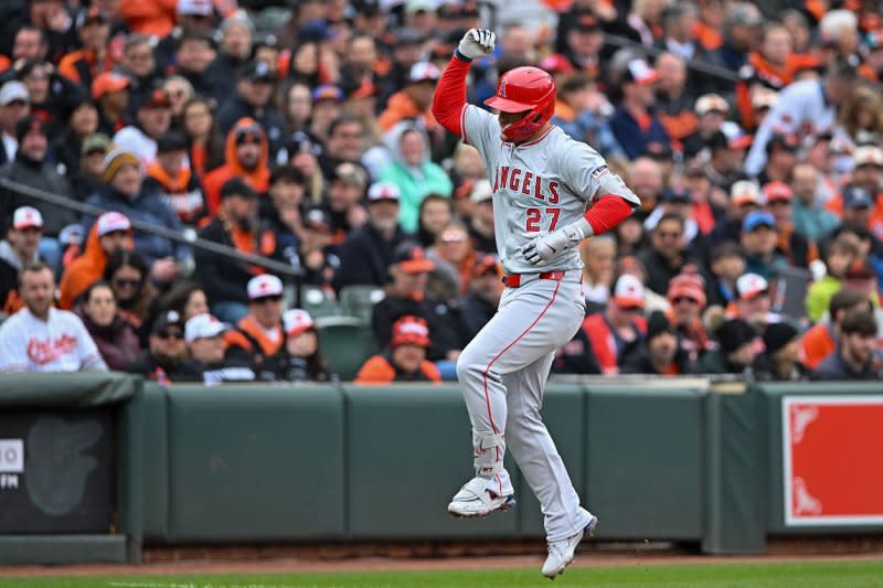 Los Angeles Angels center fielder Mike Trout celebrates a solo homer against the Baltimore Orioles on Thursday at Oriole Park at Camden Yards in Baltimore. Photo by David Tulis/UPI