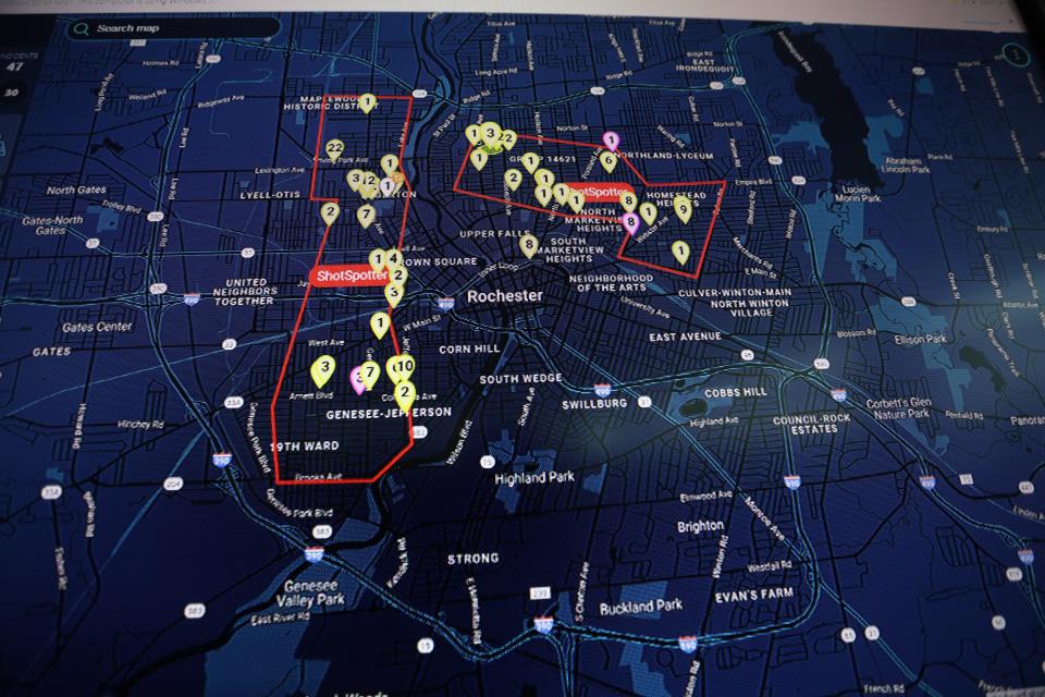 The Monroe Crime Analysis Centers is part of network of crime analysis centers created by the New York State Division of Criminal Justice Services. It’s located in the Public Safety Building. This screen shows where the ShotSpotters are located in the city and also which ones have microphones on them.