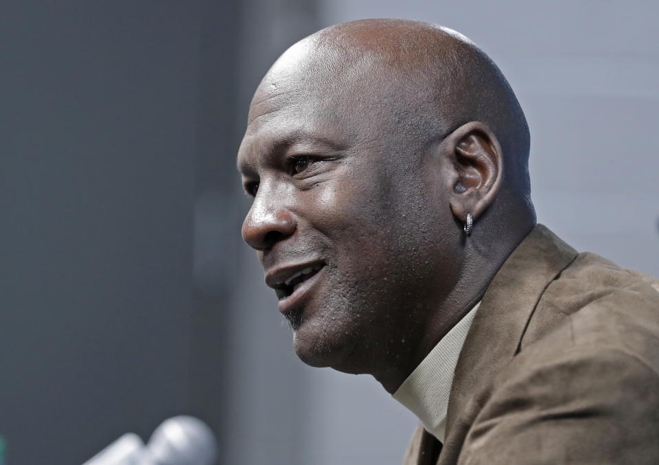 FILE - In this Feb. 12, 2019 file photo, Charlotte Hornets owner Michael Jordan speaks to the media about hosting the NBA All-Star basketball game during a news conference in Charlotte, N.C.  The Supreme Court said Monday it won’t step in to referee a copyright dispute between Nike and a photographer who took a well-known image of basketball great Michael Jordan. That means lower court rulings for the athletic apparel maker will stand. (AP Photo/Chuck Burton)